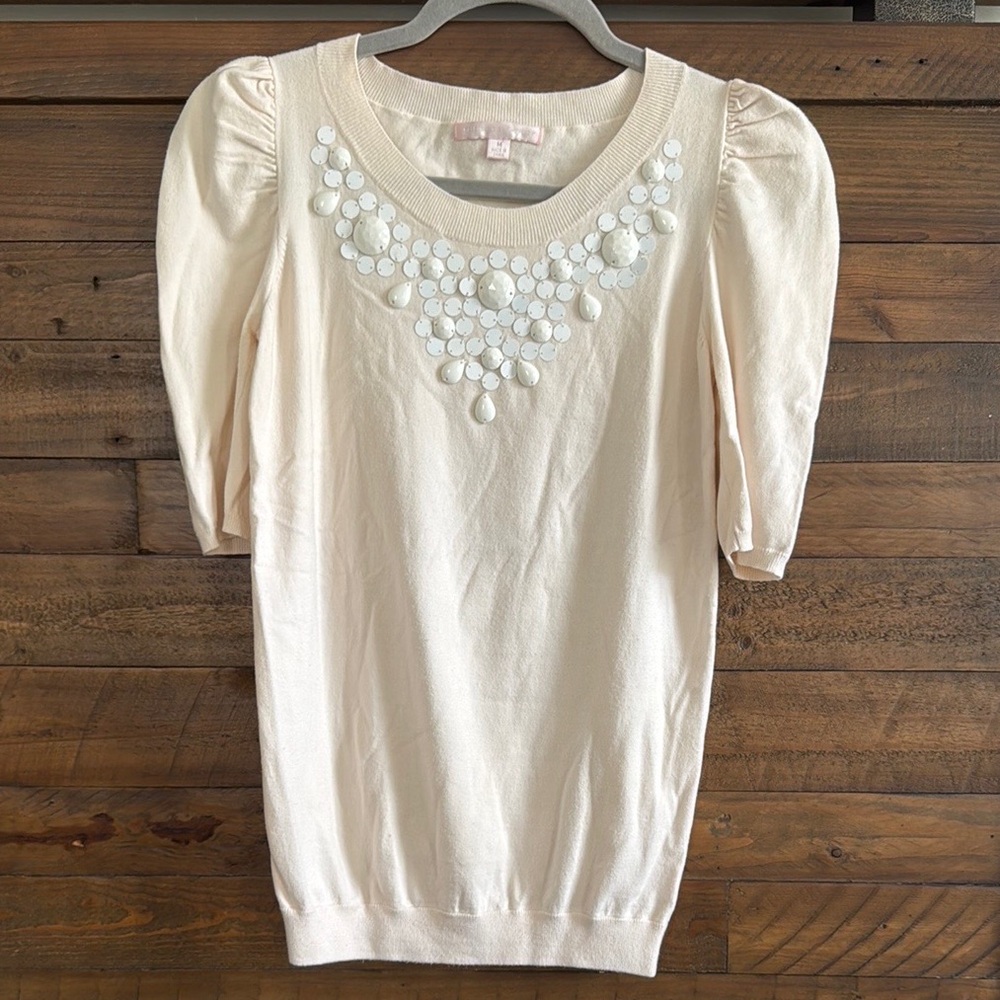 Rebecca Taylor Cream Puff Sleeve Top with Embellished Neckline